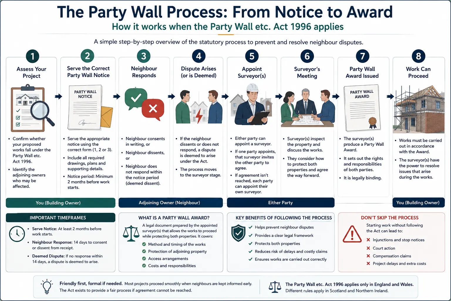 Do I Need a Party Wall Agreement? An infographic showing the party wall process from notice to award in a very interactive way for the citizens living in Luton, UK
