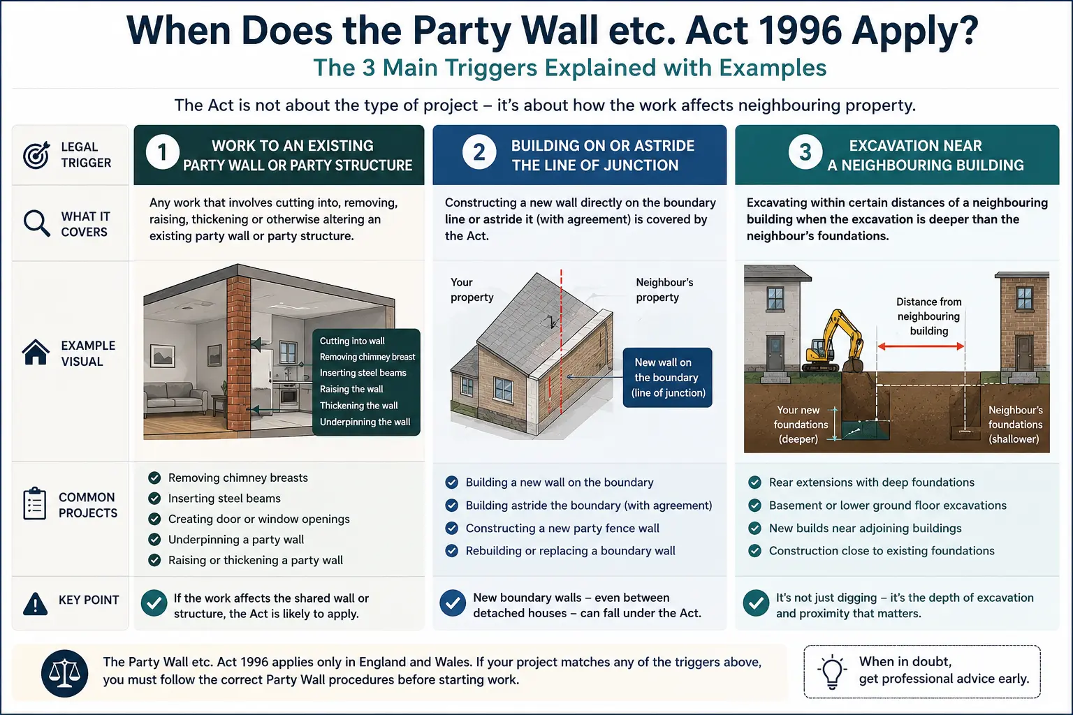 Do I Need a Party Wall Agreement? An infographic showing when does the party wall etc act 1996 apply like excavation, junction, painting, in Luton, UK